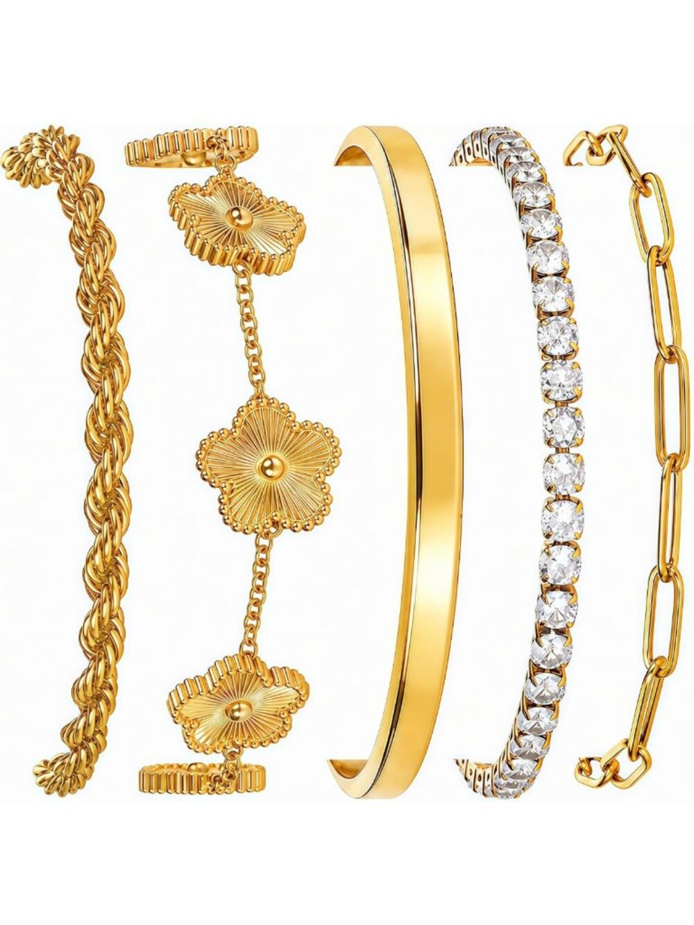 5-Piece Gold Bracelet Set for Women - Waterproof, Non-Tarnish, Trendy Stackable